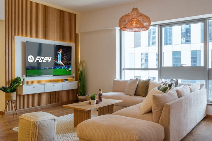 Modern living space with wooden accents